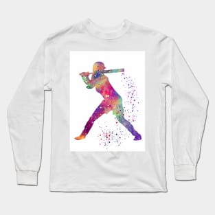 Baseball Batter Girl Colorful Watercolor Silhouette Long Sleeve T-Shirt